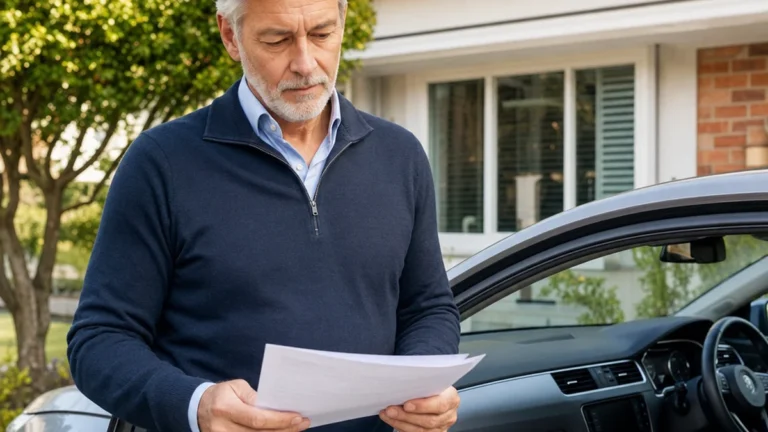 Older driver reviewing car insurance documents beside a car