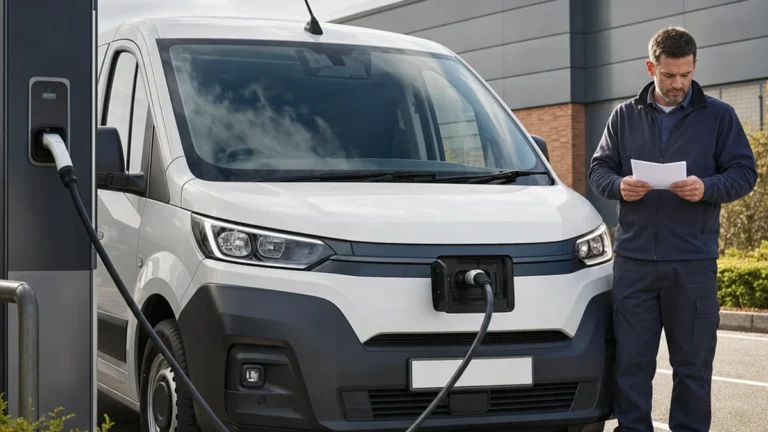 An electric van charging cable connected to a van at a UK charge point