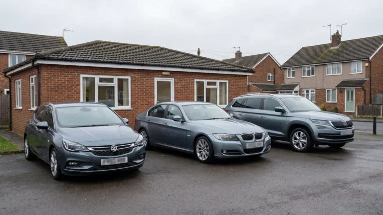 a small UK used car forecourt with several clean cars for motor trade insurance