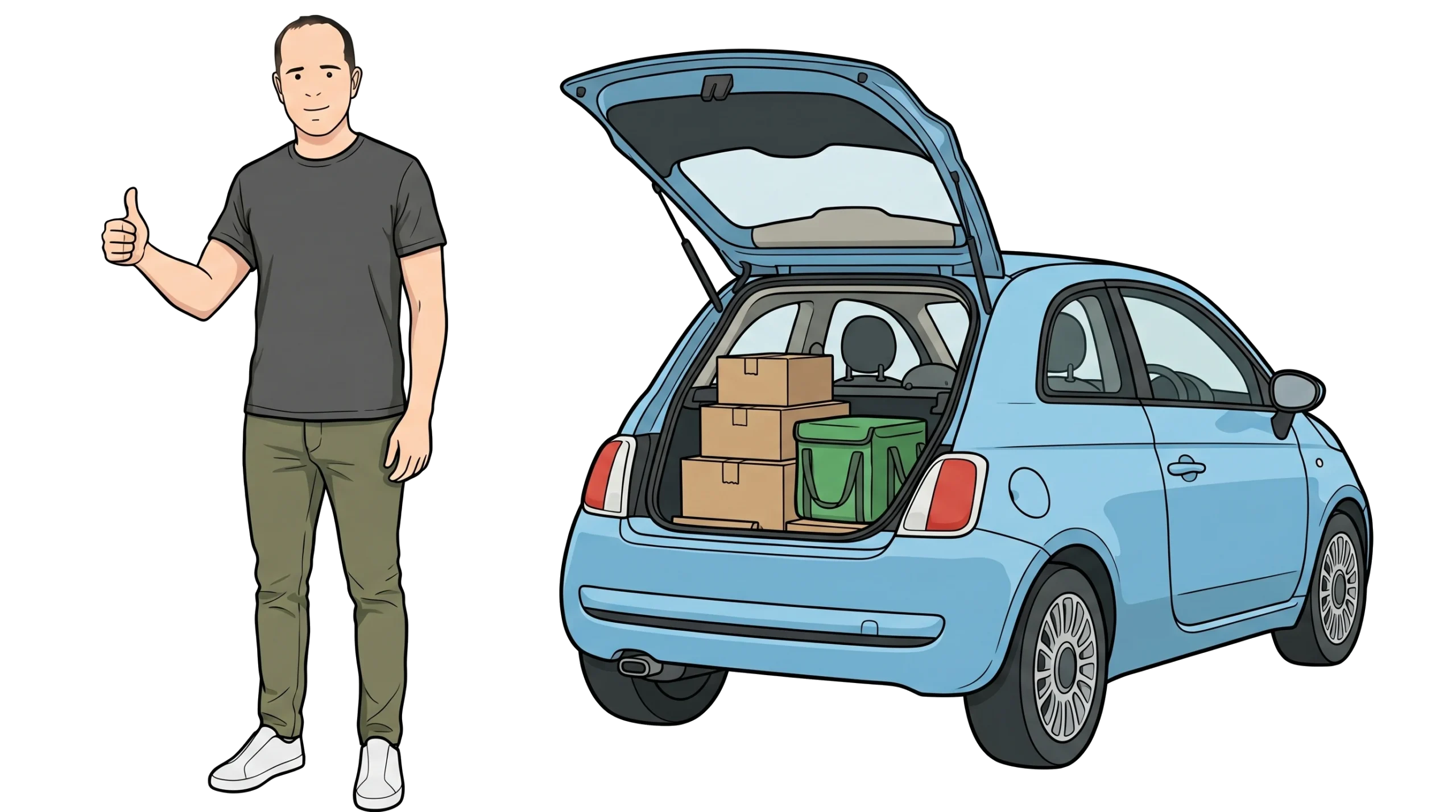 Ian beside a blue delivery car loaded with parcels and a food delivery bag