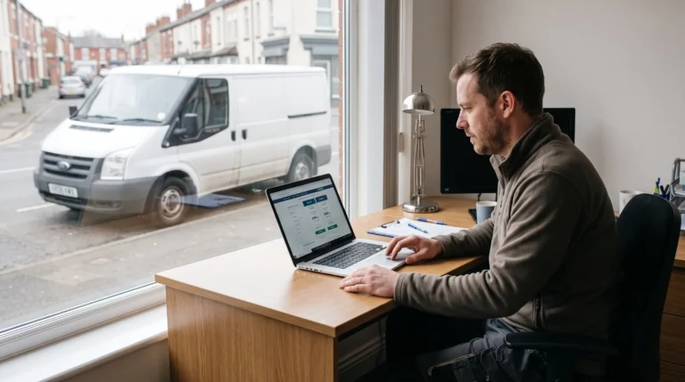 A van driver comparing insurance after a driving conviction on a laptop