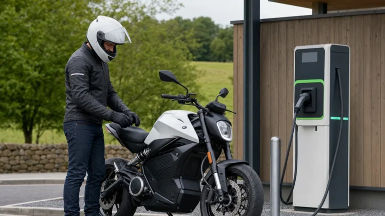 A rider checking an electric motorbike at a UK charging point