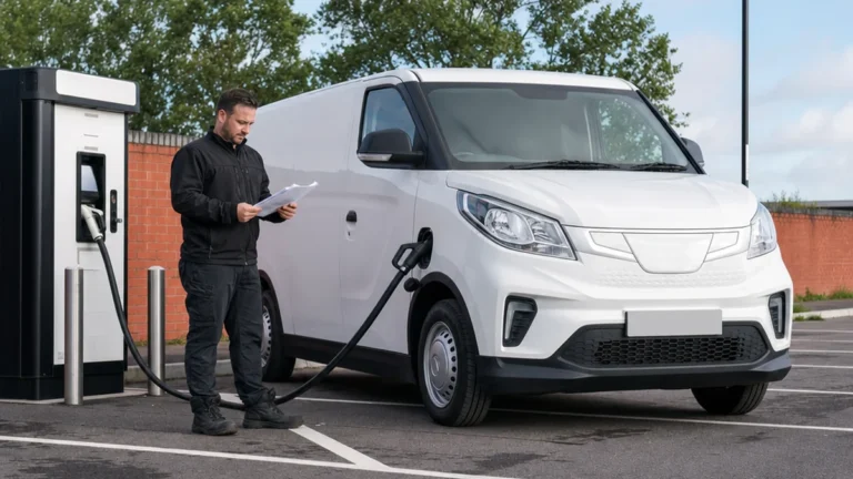 A white electric van parked at a UK charging point while a driver checks paperwork