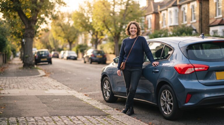 Smiling driver standing beside a modest hatchback