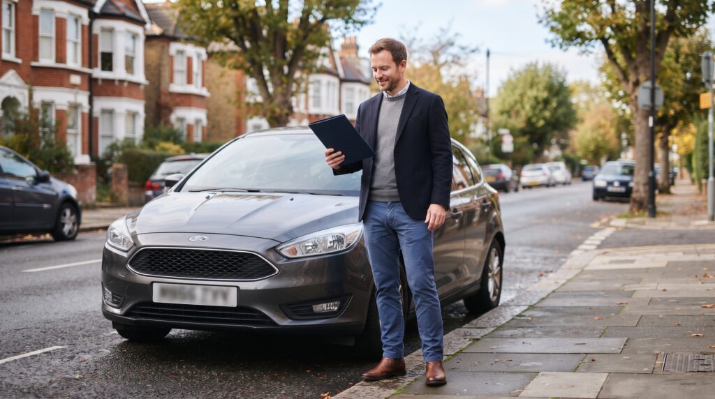 Driver with course notes before getting into a car