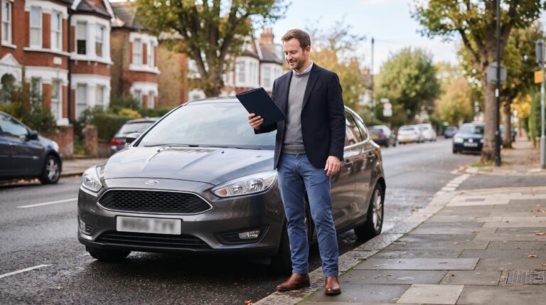 Driver with course notes before getting into a car