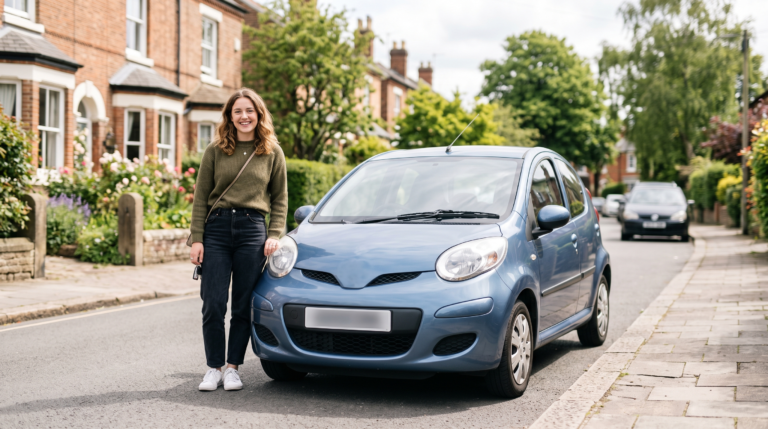 Young driver smiling beside a small car