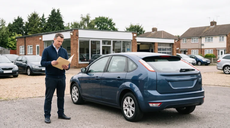 Motor trader reviewing vehicle paperwork beside a car outside a UK dealership