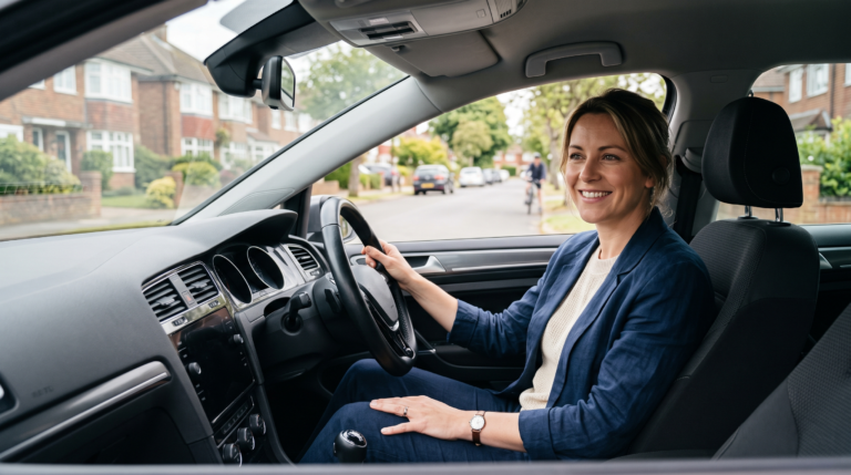 Driver smiling in a parked car for insurance advice