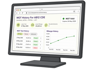 Illustrated MOT history dashboard showing summary facts, MOT status, test filters, test history and a mileage chart in a desktop browser.