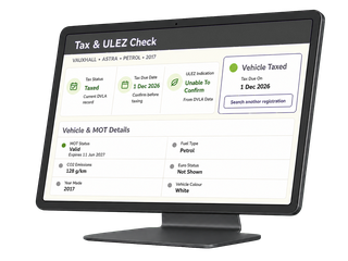 Illustrated Tax and ULEZ checker dashboard showing vehicle tax status, due date, ULEZ indication and two-column vehicle and MOT details.