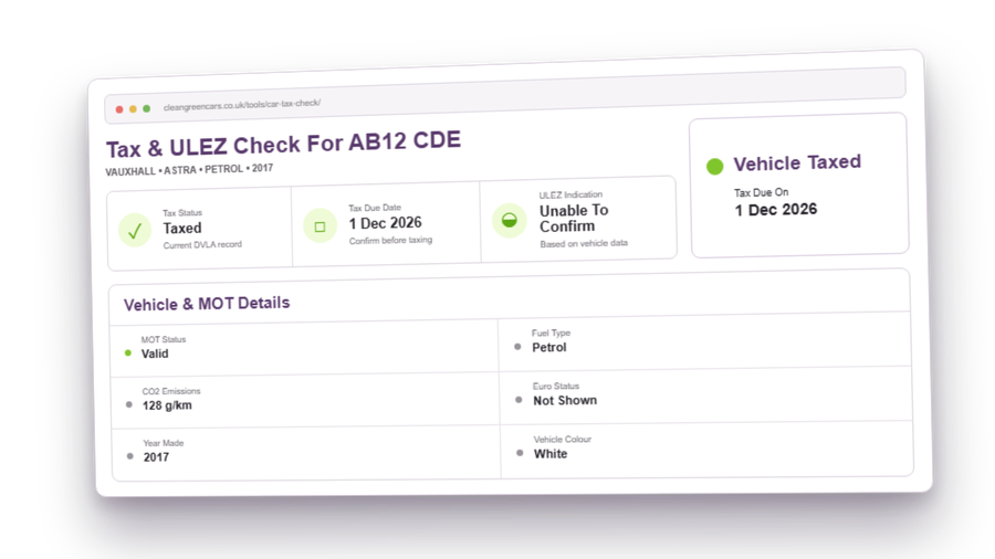 Example Tax and ULEZ result showing vehicle tax status, due date, ULEZ indication and vehicle details.