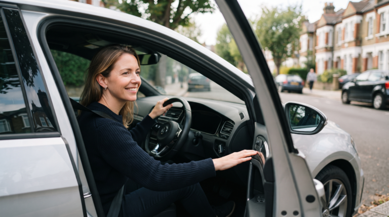 Smiling driver sitting in a right-hand-drive parked car