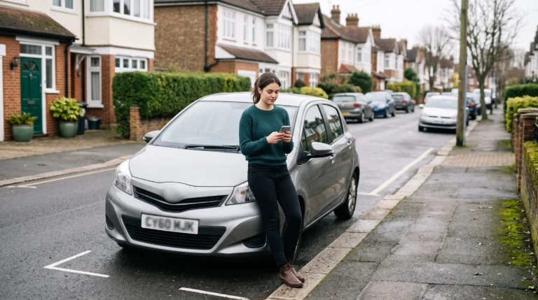 Young driver checking a car insurance quote beside a parked hatchback