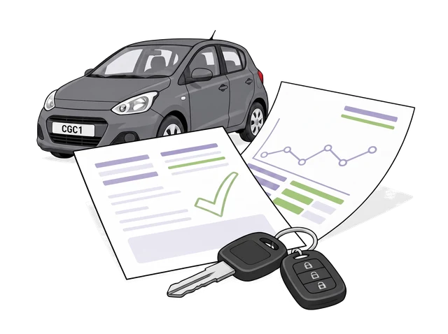 Grey car with MOT records, mileage history chart and keys