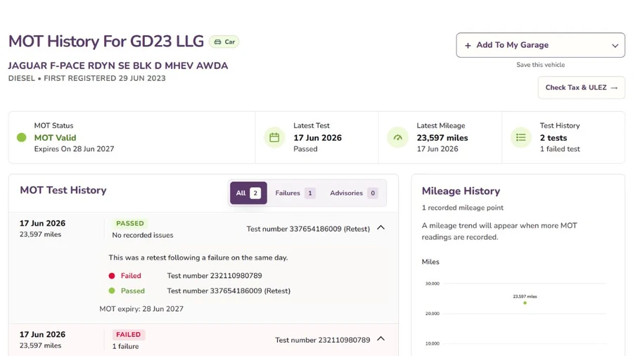Current MOT history result showing vehicle details, test records and mileage history for a sample registration.