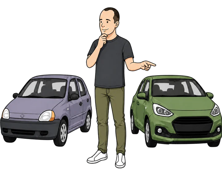Ian comparing an older car with a newer car.