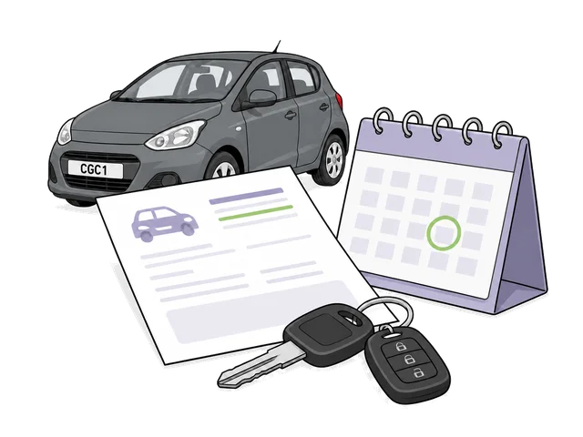 Illustration of a car, vehicle document, calendar and car keys.