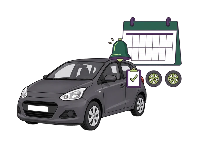 Grey car with a blank calendar, reminder bell, checklist and wheel icons.