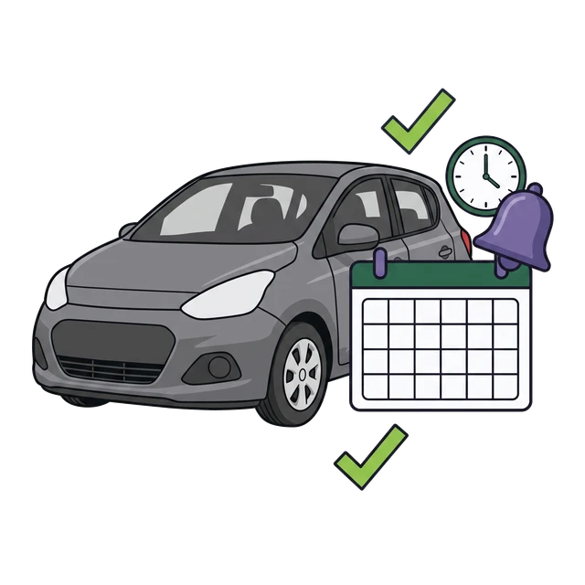 Grey car with a blank calendar, reminder bell, clock and green check marks.