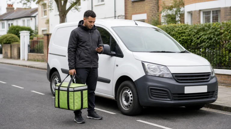 Food delivery driver with an insulated bag beside a white van