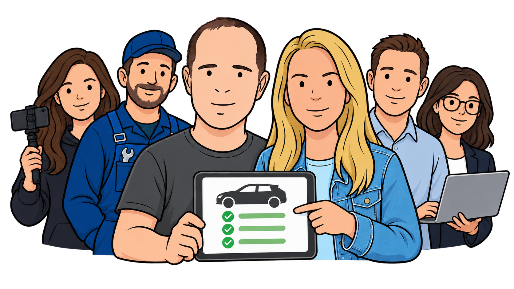 Ian and Susan presenting a vehicle report with a mechanic, content creator, salesperson and website owner