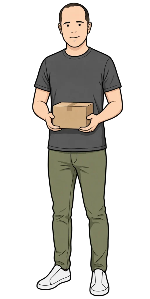 Full-length illustration of Ian holding a delivery parcel.