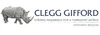 Clegg Gifford logo. Grey rhino facing left, with blue text reading "Clegg Gifford".