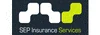 SEP Insurance Services logo. White and lime green geometric design on a dark grey background.