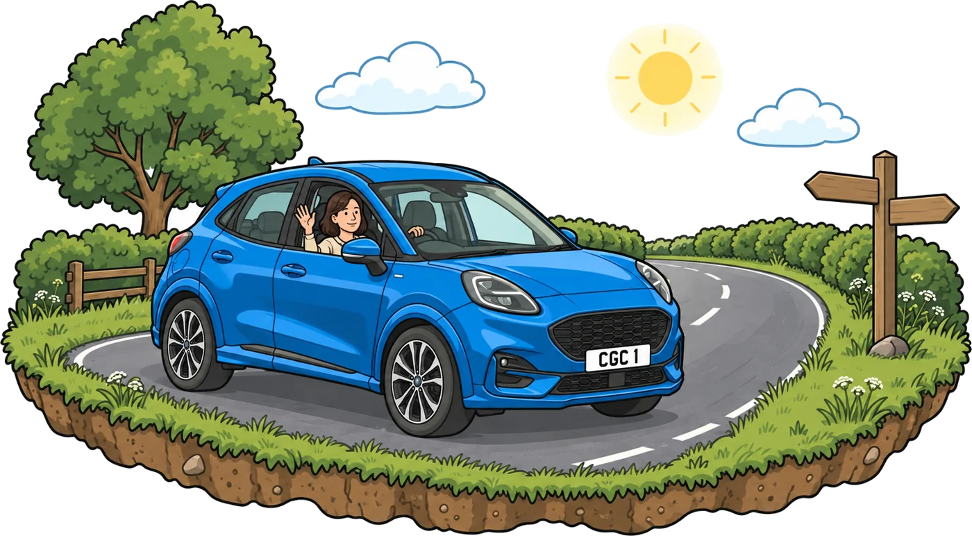 Smiling driver waving from a blue car on a sunny country road