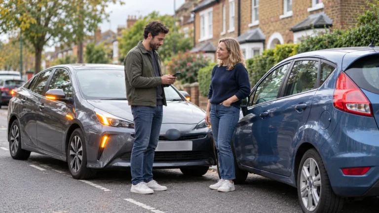 Two drivers calmly swapping details beside their cars after a minor bump