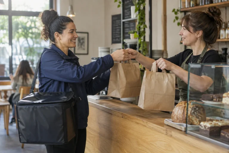 A delivery driver collecting takeaway bags from a café counter