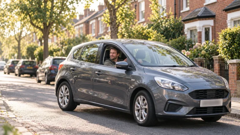 A smiling man pulls away from his terraced house in his hatchback on a quiet sunny street