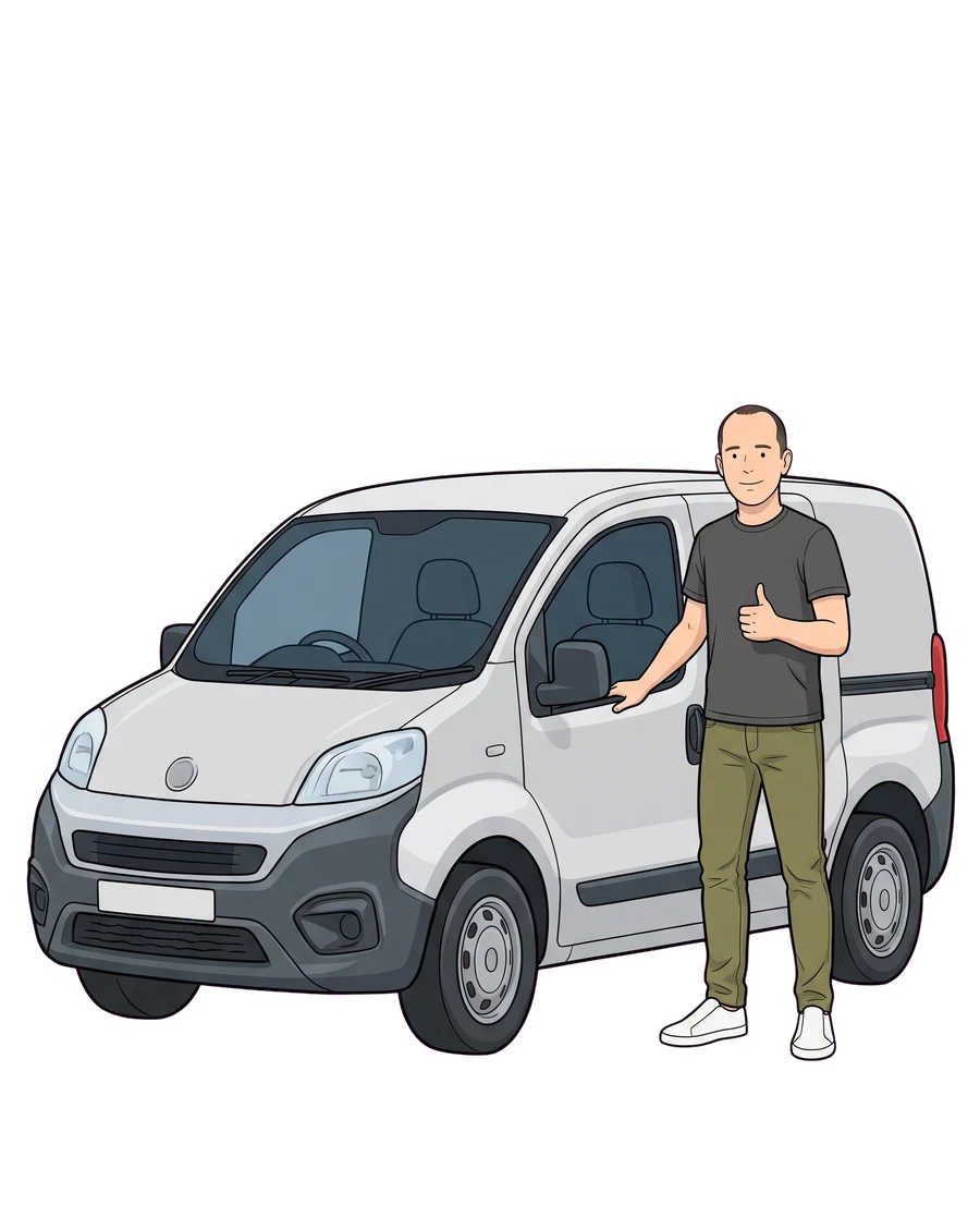 Ian Beevis giving a thumbs up beside a white work van.