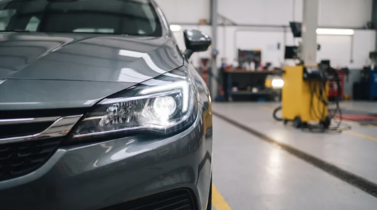 Close-up of a grey hatchback headlamp glowing white in a UK MOT test bay