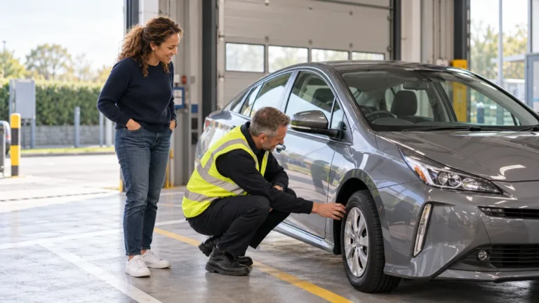 Licensing officer checking a private hire car tyre while the driver looks on