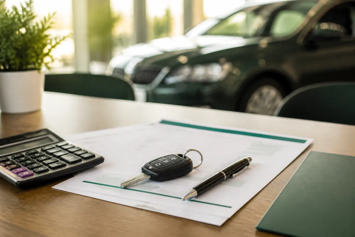 Car key, calculator and finance paperwork on a dealership desk