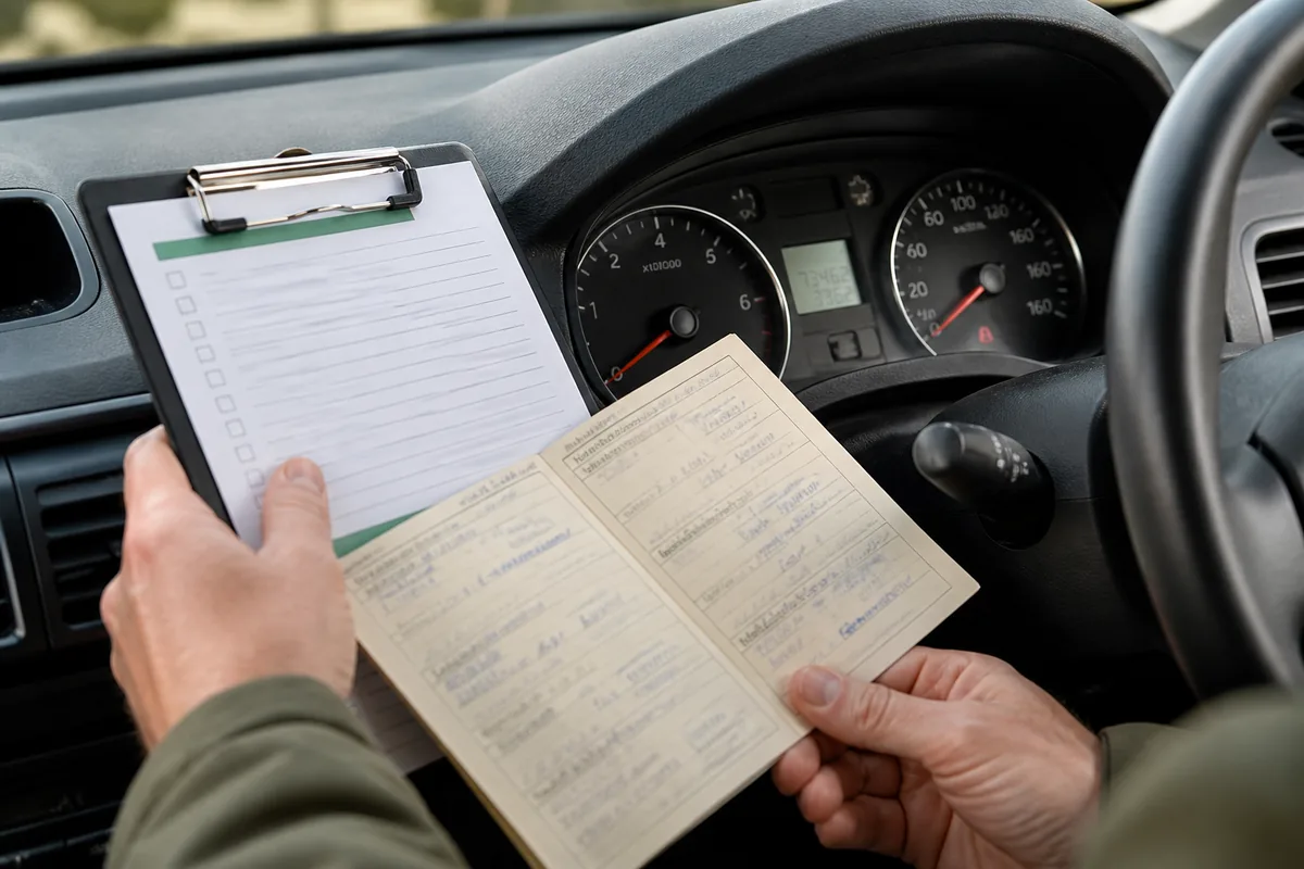 Used-car mileage and service records being compared during an inspection